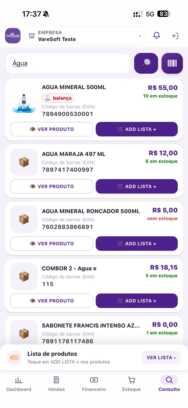 Tela de Consulta de preço no aplicativo VareMobile