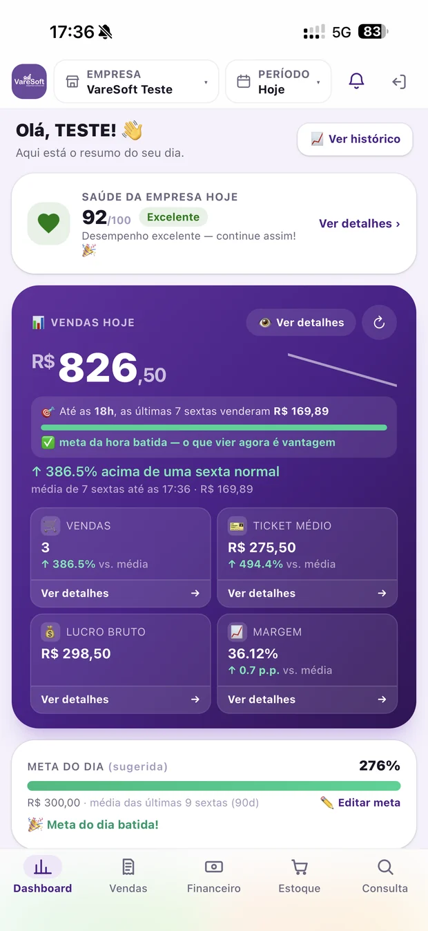 Tela de Resumo do dia no aplicativo VareMobile