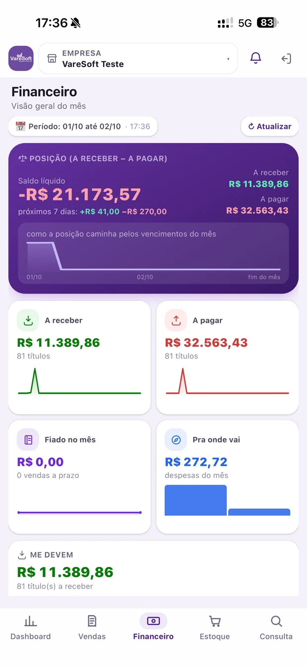 Tela de A receber e a pagar no aplicativo VareMobile